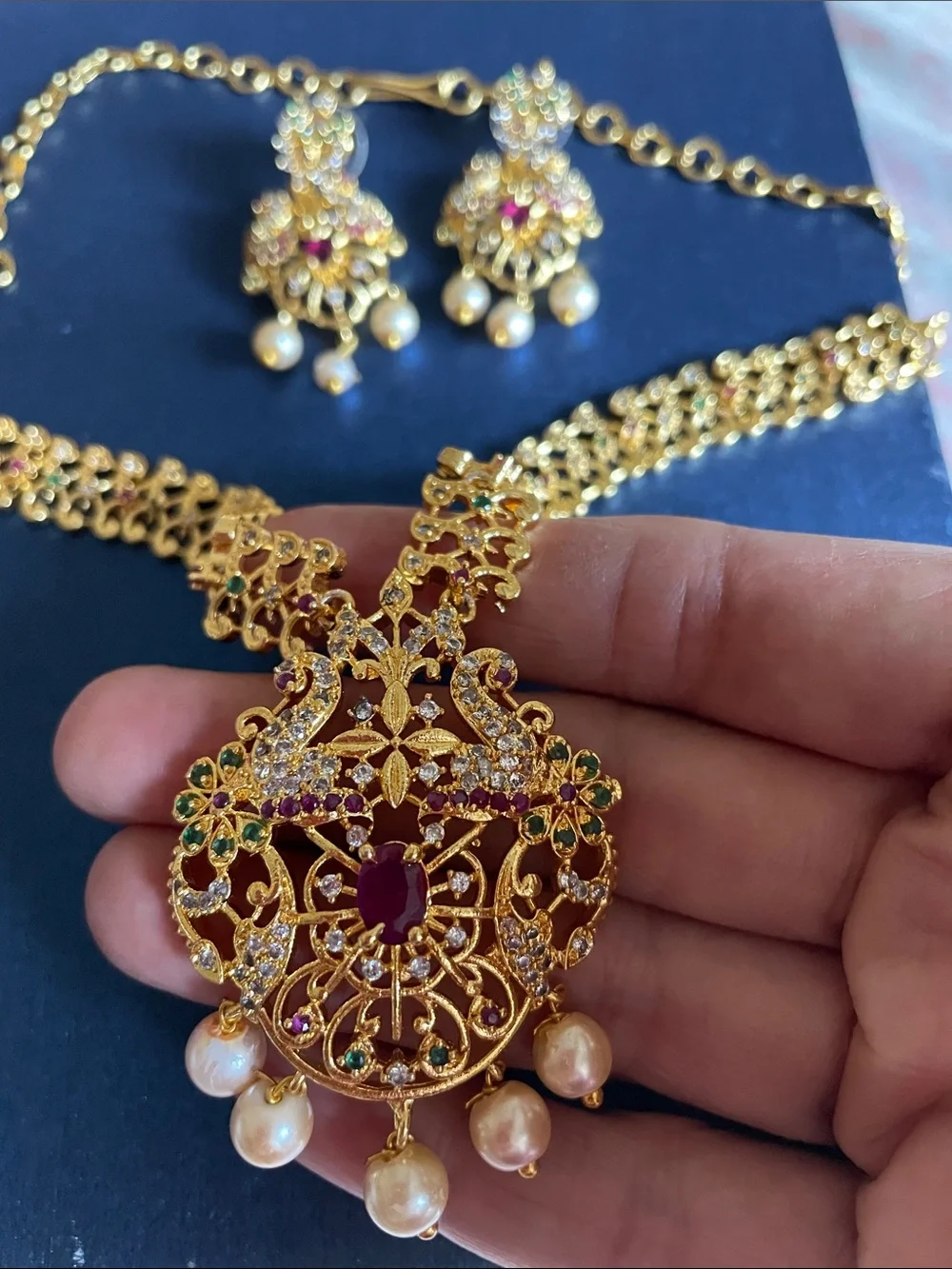 Gold Filigree Pendant Necklace and Earring Set with Pink & Green Accents